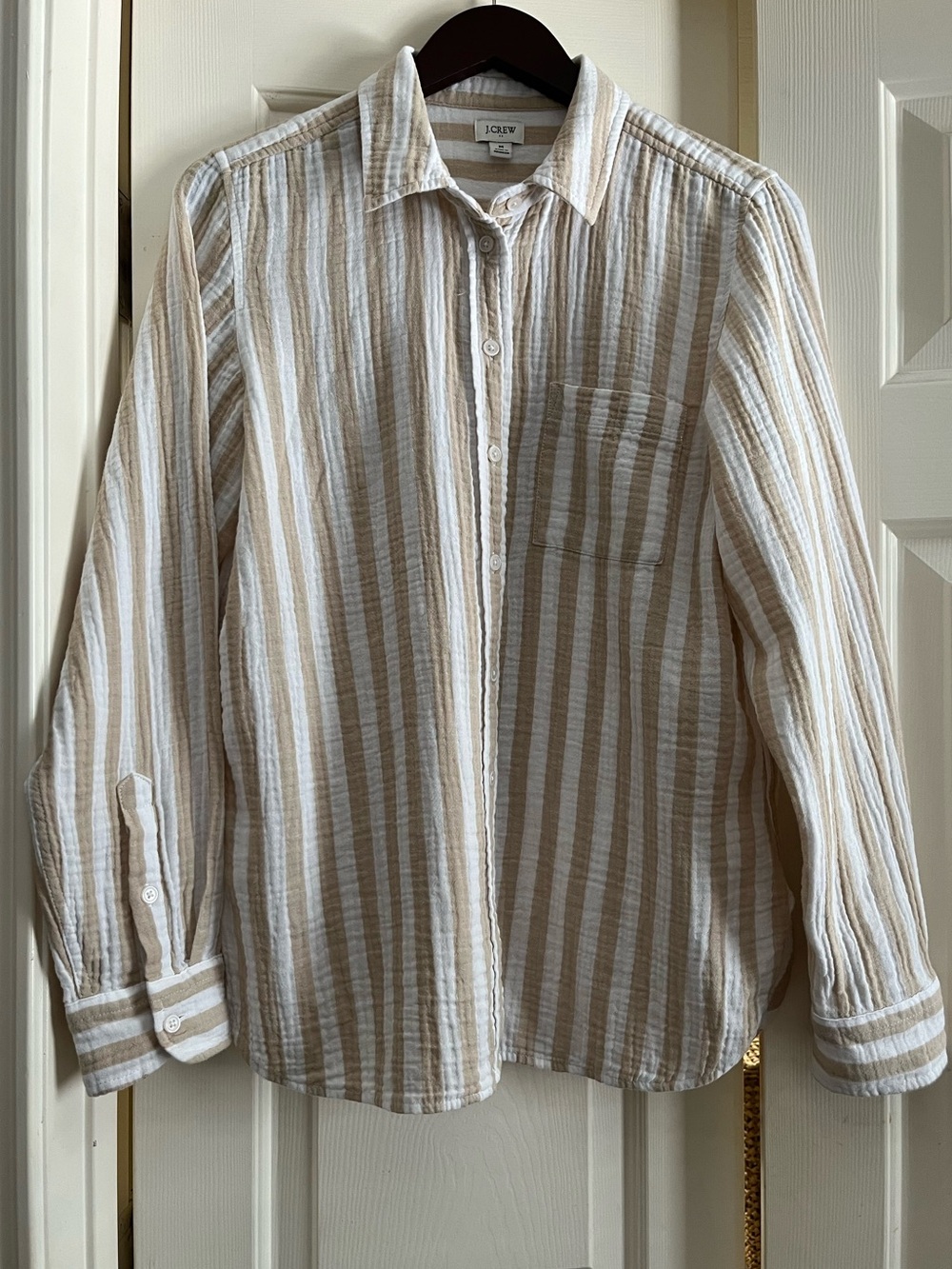 J. Crew Striped Button-Front Cotton Shirt - Beige & White Medium